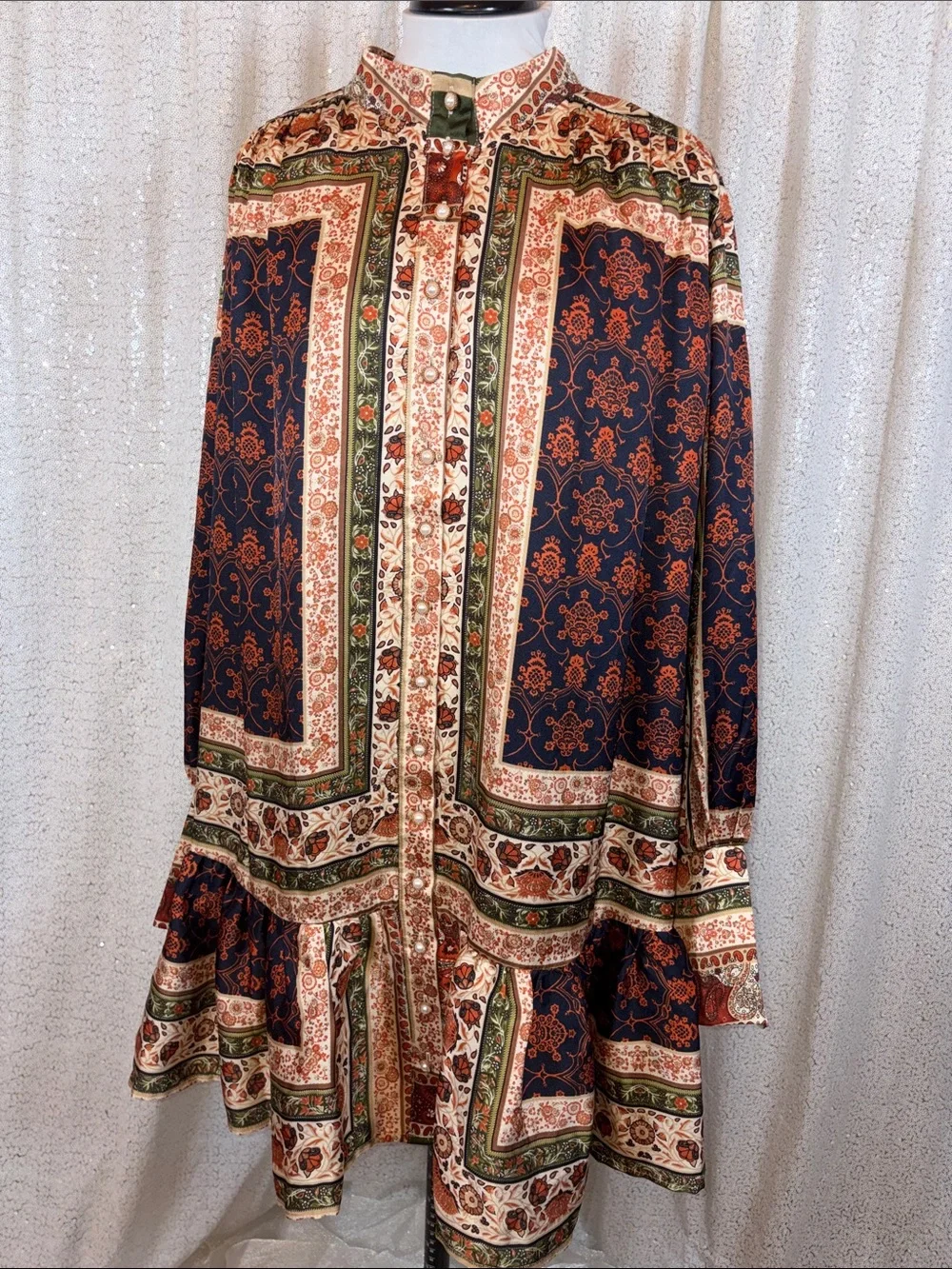 Pearl-Button Bohemian Satin Drop Waist Dress- Olive & Rust - Picture 6 of 7
